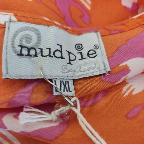 Mud Pie One Shoulder Large XL Pom Pom Beach Cover Up Orange Pink Ikat Print NWT - Picture 4 of 5